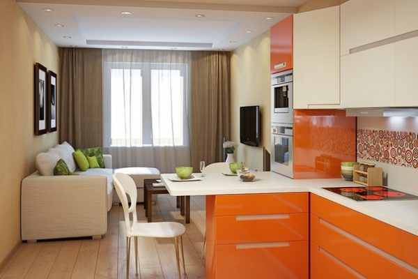 Оранжевый цвет в интерьере кухни-гостиной 