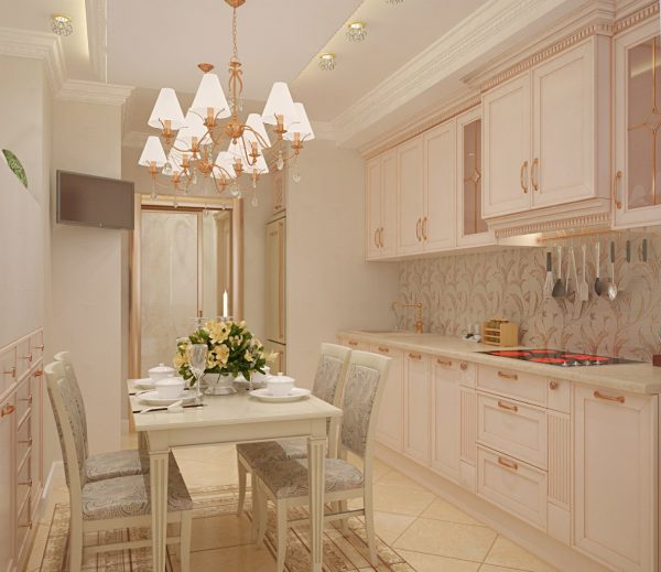 Белый кухонный гарнитур с серой столешницей и серым фартуком в интерьере